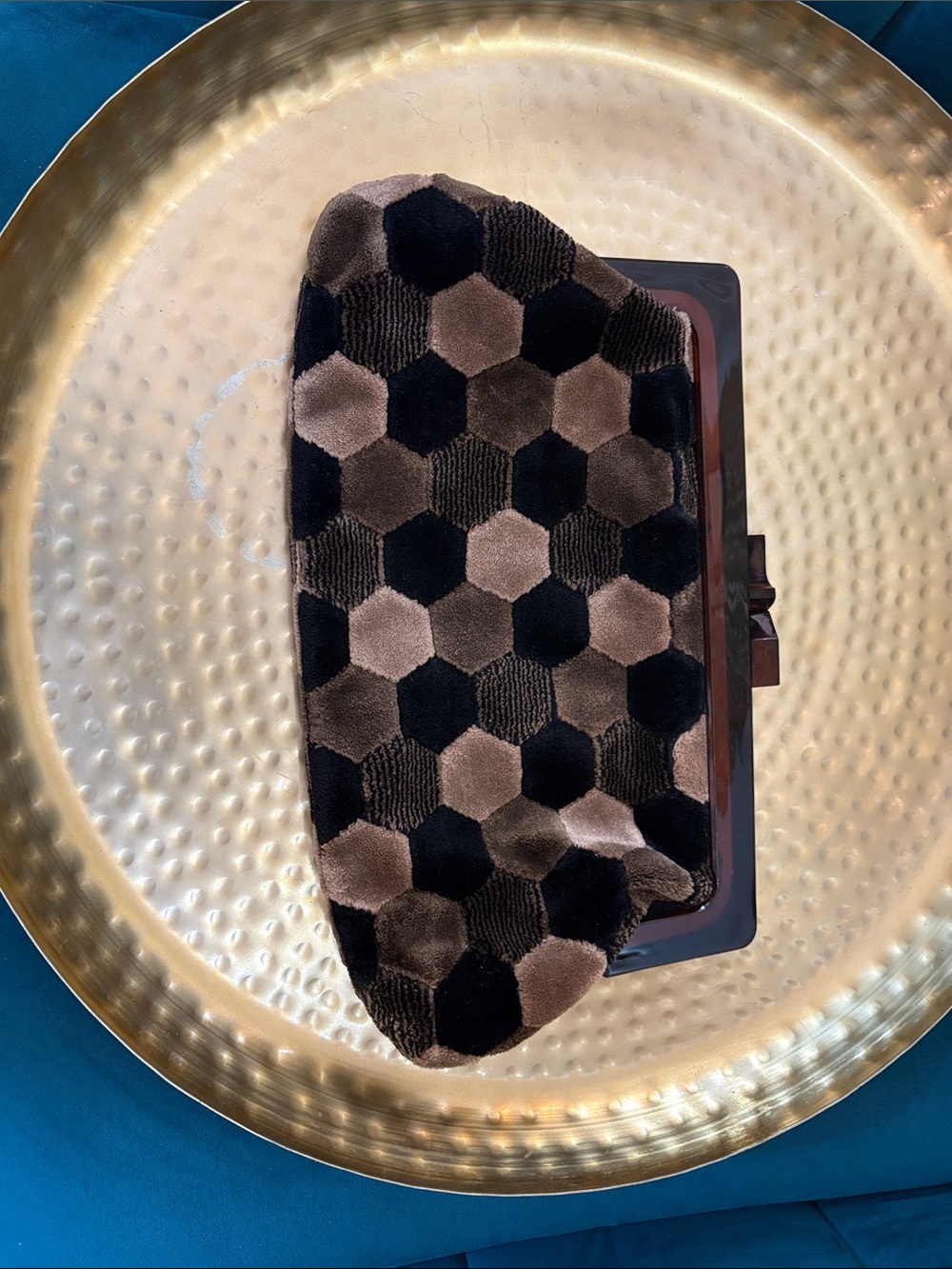 Vintage women’s clutch Velvet Hexagon Pattern bag purse— Black and Brown
